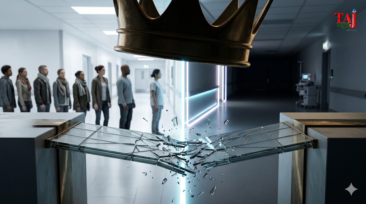 A high-resolution, sharp conceptual editorial photograph framed in a 1200x670 pixel aspect ratio. In the close foreground, a beautiful, delicate glass bridge connecting two structures is visibly fracturing under the heavy, oppressive shadow of an abstract, golden royal crown shape. In the blurred background, a clinical, sterile hospital corridor is divided by glowing neon lines, separating an orderly, waiting line of common citizens from a dark, empty space. The tones are cool gray and dark amber, capturing a profound sense of class division and emotional coldness. 3D realistic style.