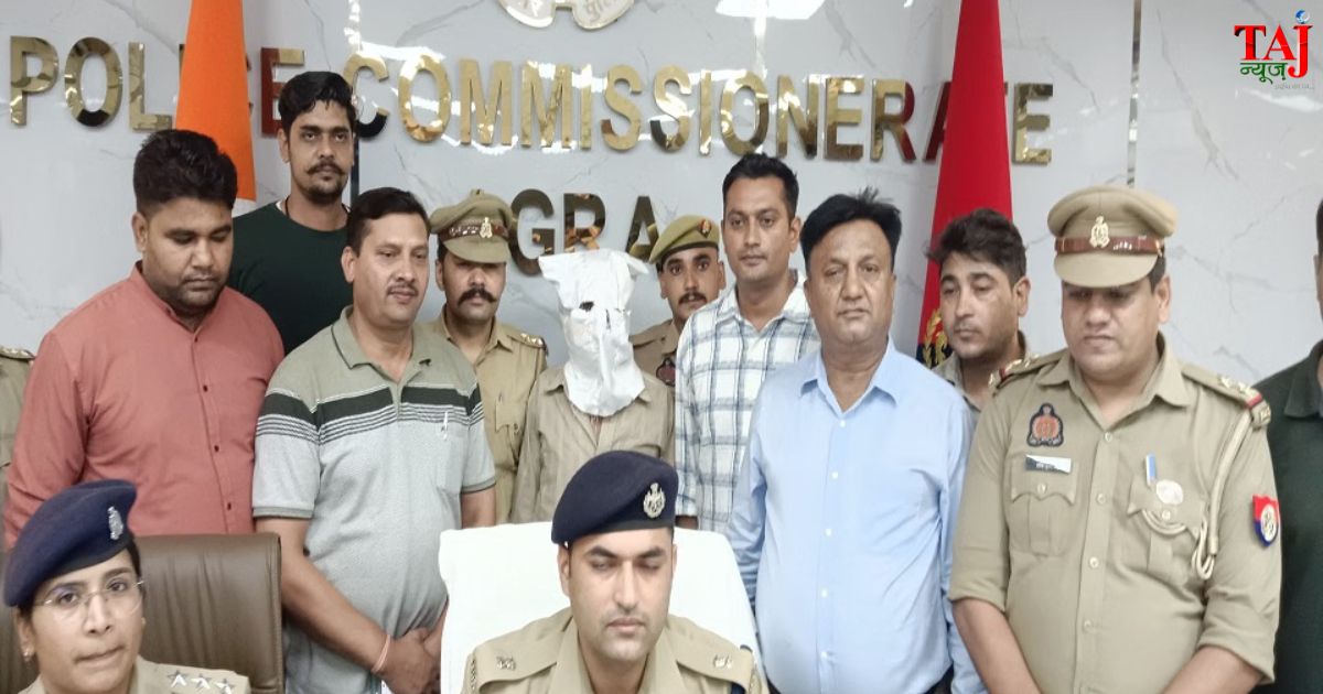 आगरा के थाना खेरागढ़ में दो पुलिसकर्मियों की हत्या के आरोपी 50 हजार के इनामी बदमाश भूरा को विधिक कस्टडी में लाती पुलिस टीम का विजुअल दृश्य