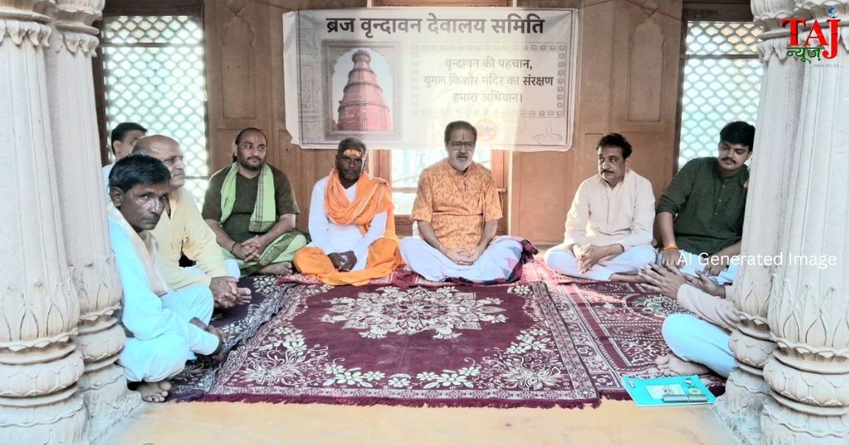 वृंदावन के प्रसिद्ध केशीघाट पर स्थित प्राचीन युगल किशोर मंदिर की जर्जर होती इमारत और पुरातत्व संरक्षण का विजुअल दृश्य