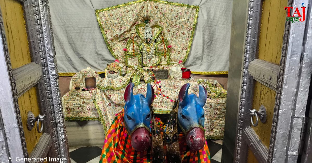 आगरा के ठाकुर श्री मथुराधीश मंदिर में पारंपरिक पुष्टिमार्गीय रथ यात्रा महोत्सव के दौरान सजे भव्य हिंडोले और रथ का विजुअल दृश्य