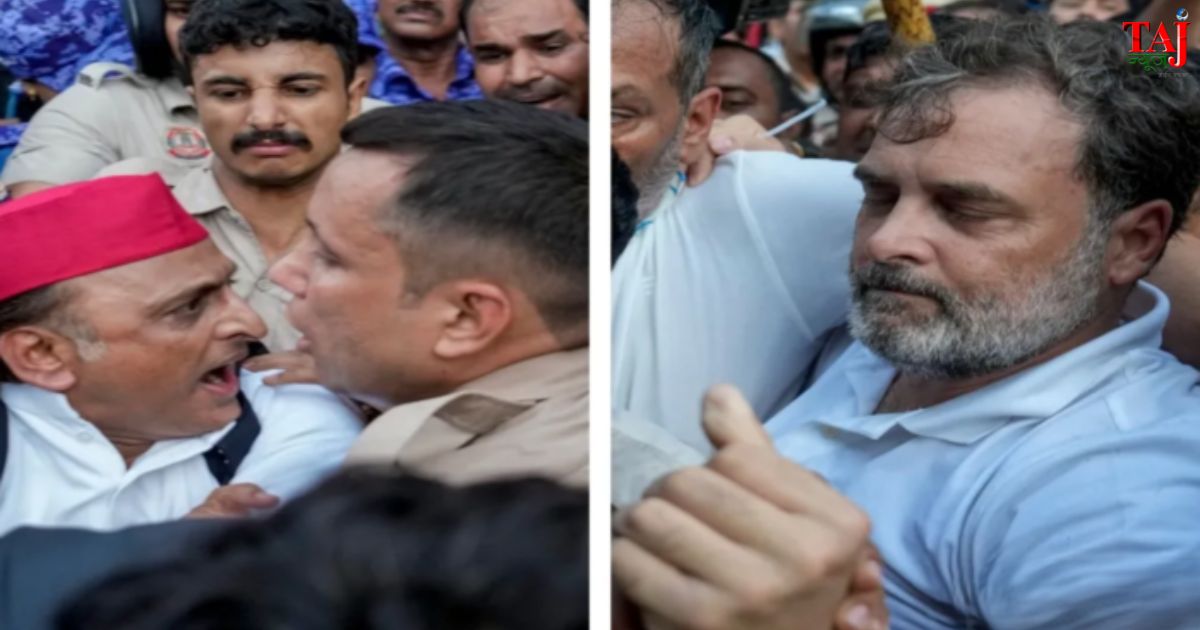 पुलिस की हिरासत से रिहा होने के बाद मीडिया से बातचीत करते राहुल गांधी, अखिलेश यादव और प्रियंका गांधी वाड्रा