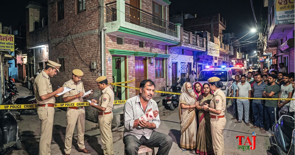 आगरा के एत्माद्दौला क्षेत्र में हत्या के पुराने मुकदमे से जुड़े विवाद के बाद पुलिस जांच करती हुई।
