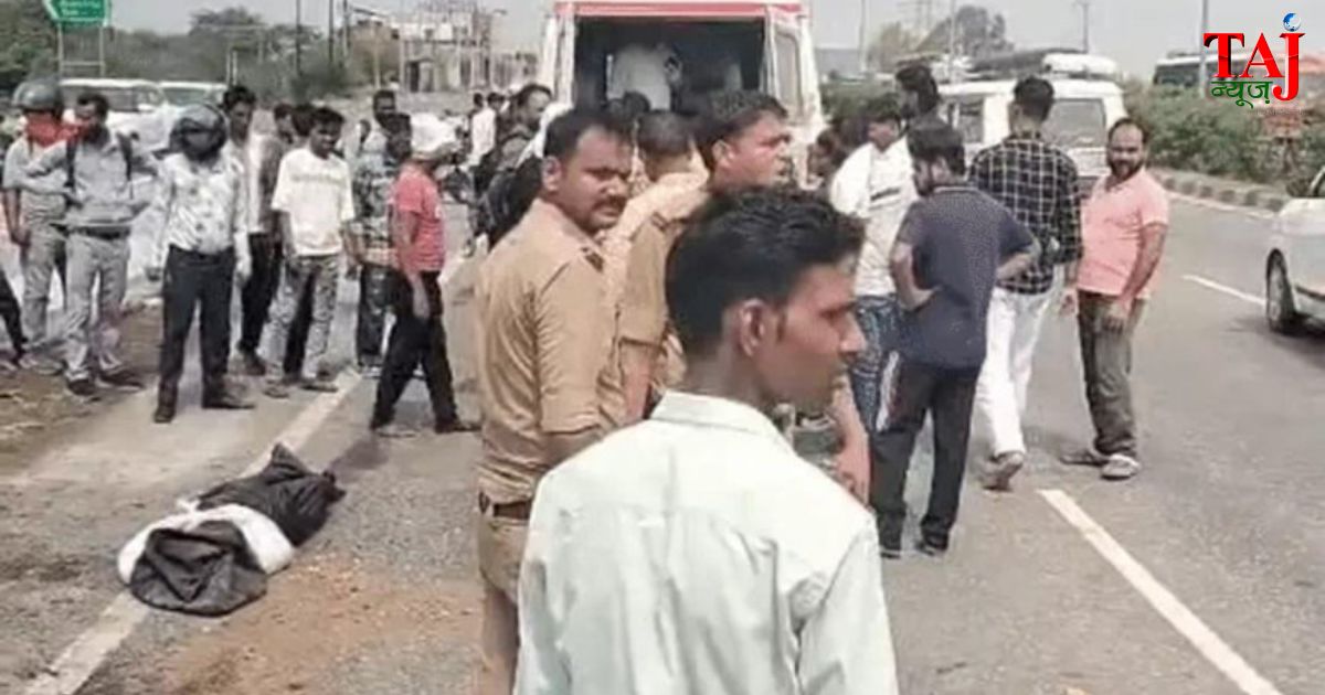Agra police investigating the site of a fatal road accident on Agra Kanpur national highway near Etmadpur where a truck hit a motorcycle