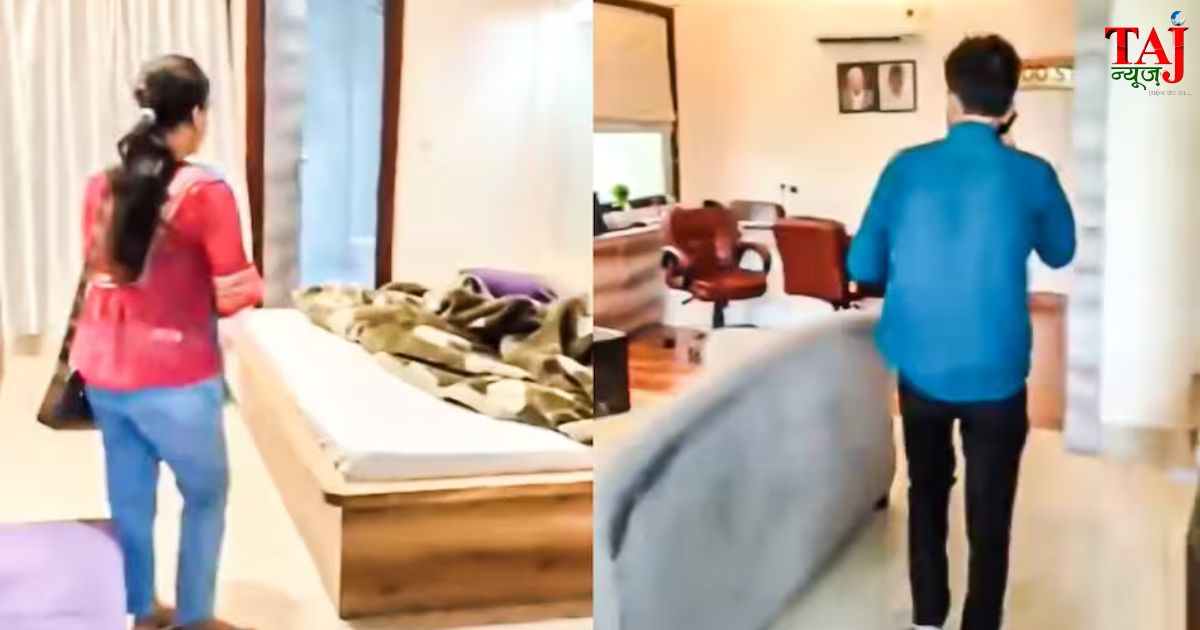 आगरा के एक होटल के कमरे के बाहर पत्नी को प्रेमी के साथ पकड़ने के बाद हंगामा करता हुआ पति