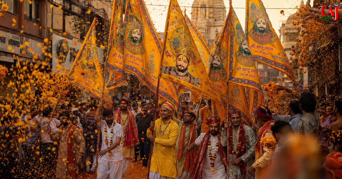 Devotees carrying sacred Nishan and beautiful Poshak during religious procession from Balkeshwar to Jeewoni Mandir Khatu Shyam temple in Agra on Nirjala Ekadashi