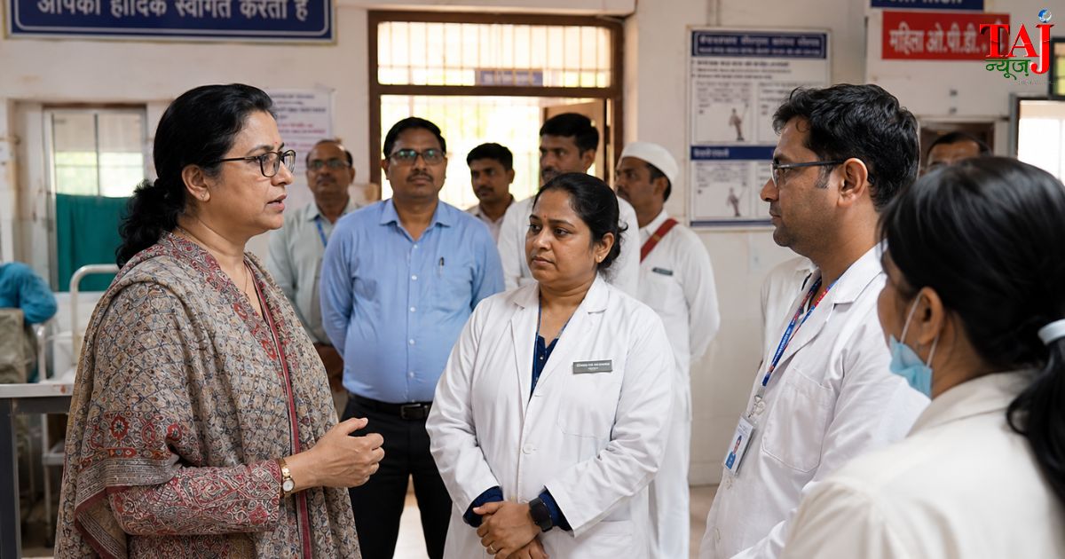 Uttar Pradesh State Women Commission President Babita Chauhan reviewing medical systems during surprise inspection