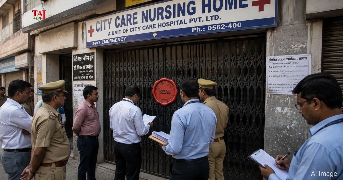 आगरा के एत्माद्दौला में इलाज के दौरान 5 वर्षीय बच्चे की मौत के बाद निजी अस्पताल को सील करते स्वास्थ्य विभाग और पुलिस के अधिकारी।