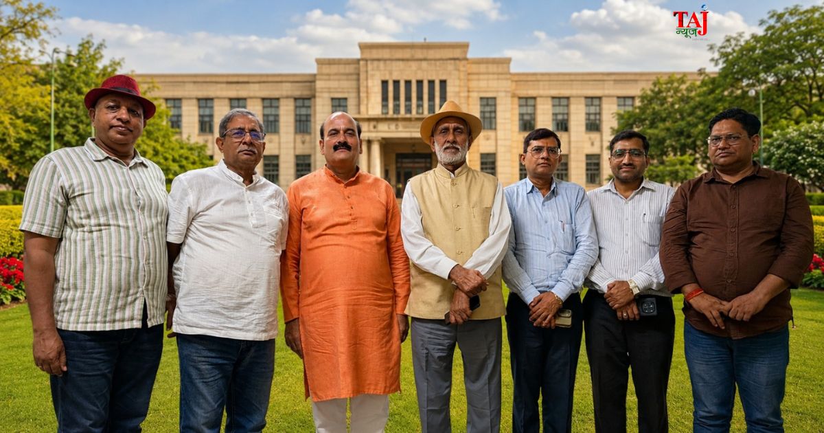 आगरा के अपर्णा अपार्टमेंट में 'सप्तऋषि' की वैचारिक बैठक के दौरान 'जेन-जी' आंदोलन, नीट पेपर लीक और युवाओं के मुद्दों पर विचार व्यक्त करते प्रो. राजीव उपाध्याय, कर्नल जी.एम. खान और ब्रिगेडियर मनोज कुमार।