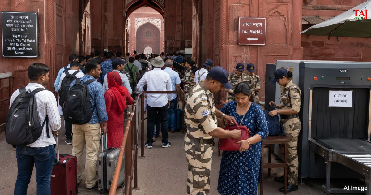 ताजमहल के पूर्वी और पश्चिमी गेट पर बैग स्कैनर खराब होने के कारण पर्यटकों के बैग की मैनुअल जांच करते सीआईएसएफ (CISF) के जवान।