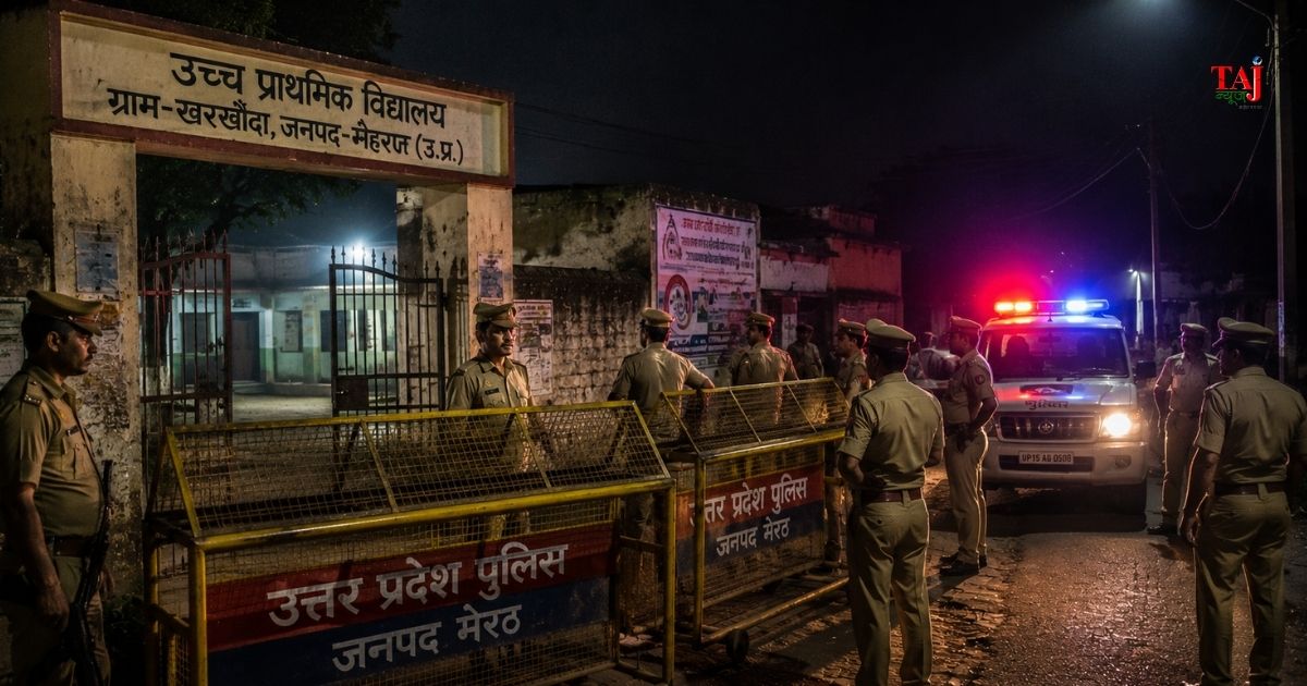 मेरठ के सरूरपुर थाना क्षेत्र के डाहर गांव में स्कूल परिसर में युवक सालिम की हत्या के बाद पुलिस बल की तैनाती और जांच।