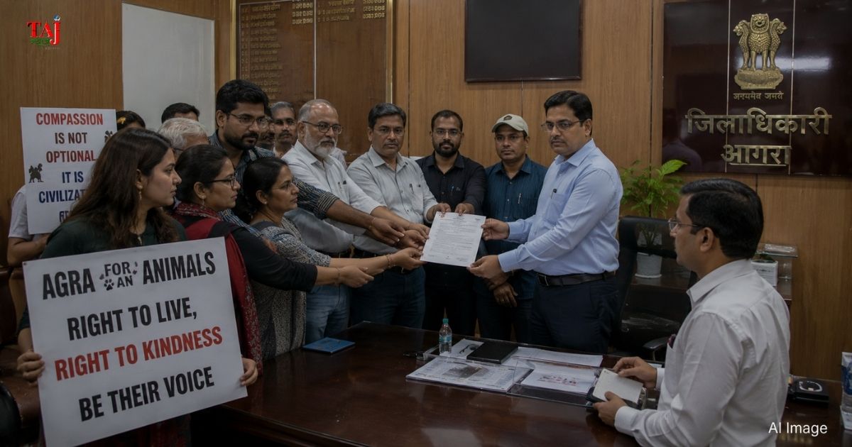 आगरा की पुष्पांजलि बाग सोसाइटी में कुत्तों को खाना खिलाने पर रोक के विरोध में डीएम को ज्ञापन सौंपते एसपीसीए सदस्य व पशु प्रेमी।
