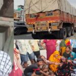 आगरा में नेशनल हाईवे पर 16 चक्का ट्रक का टायर फटने के बाद डिवाइडर तोड़कर दूसरी लेन में घुसने और मजदूर संजय निषाद की मौत के बाद लगा जाम।