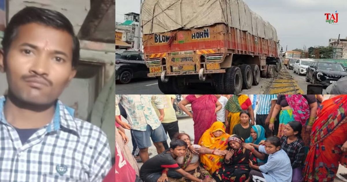 आगरा में नेशनल हाईवे पर 16 चक्का ट्रक का टायर फटने के बाद डिवाइडर तोड़कर दूसरी लेन में घुसने और मजदूर संजय निषाद की मौत के बाद लगा जाम।
