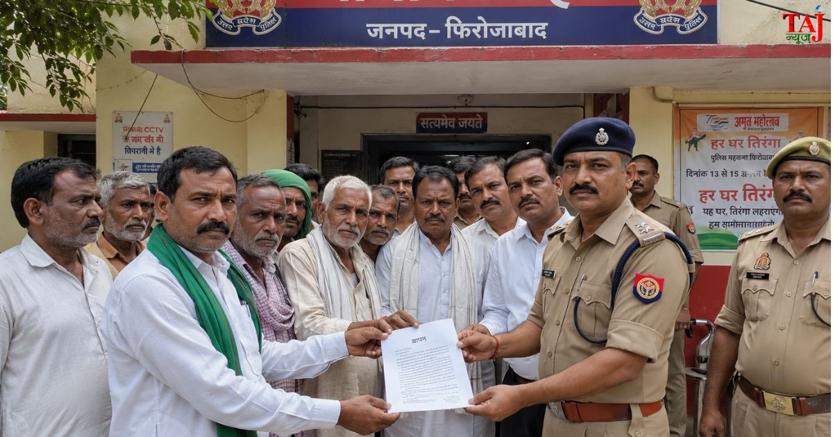 फिरोजाबाद के पिनाहट थाने में चौकी प्रभारी पर रिश्वतखोरी के आरोप में ज्ञापन सौंपते ग्राम प्रधान रामनिवास वर्मा और ग्रामीण