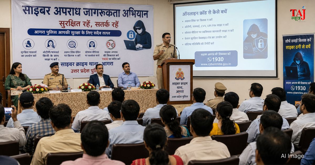 आगरा में साइबर क्राइम अवेयरनेस कार्यक्रम के दौरान नागरिकों को ऑनलाइन ठगी से बचाव और डिजिटल सुरक्षा के उपाय बताते ऑल इंडिया क्राइम प्रिवेंशन सोसाइटी और लॉ विस्टा कंसल्टेंसी के विशेषज्ञ।
