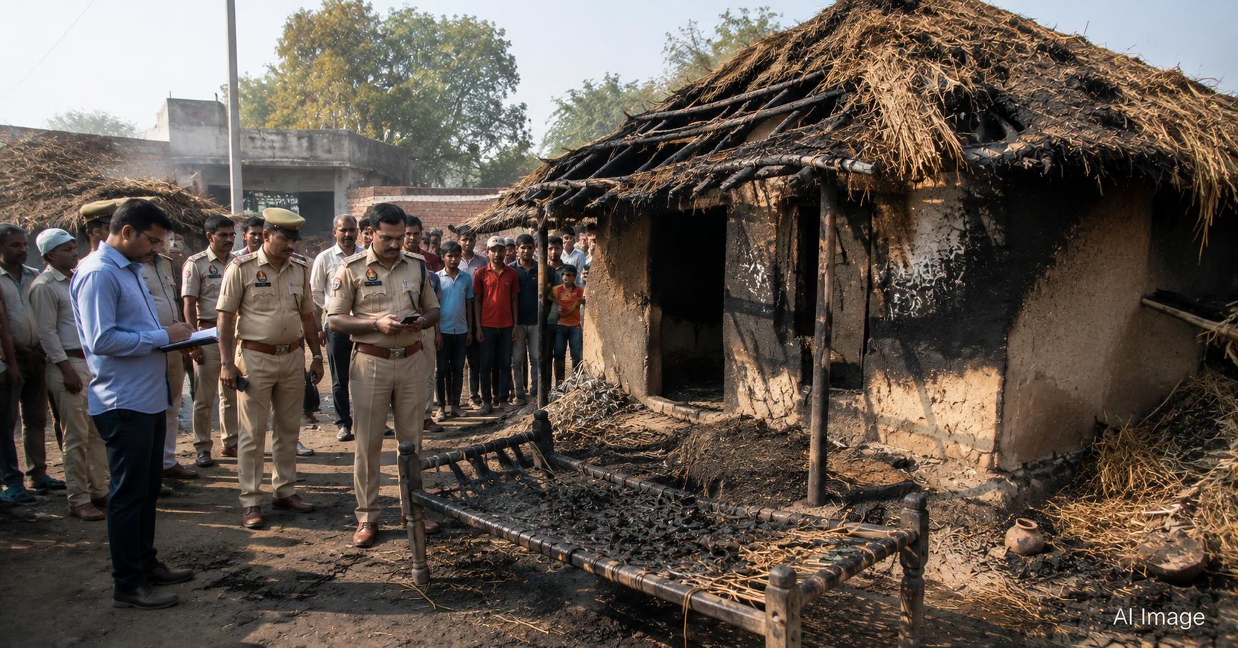 आगरा के बाह स्थित रानी का बाग गांव में झोपड़ी में पेट्रोल डालकर आग लगाने की कथित कोशिश के बाद घटनास्थल की जांच करती पुलिस।