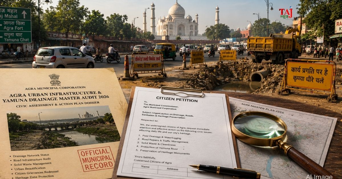 Brij Khandelwal civic article on Agra urban crisis Yamuna pollution road cave-ins and tourist season preparations 2026