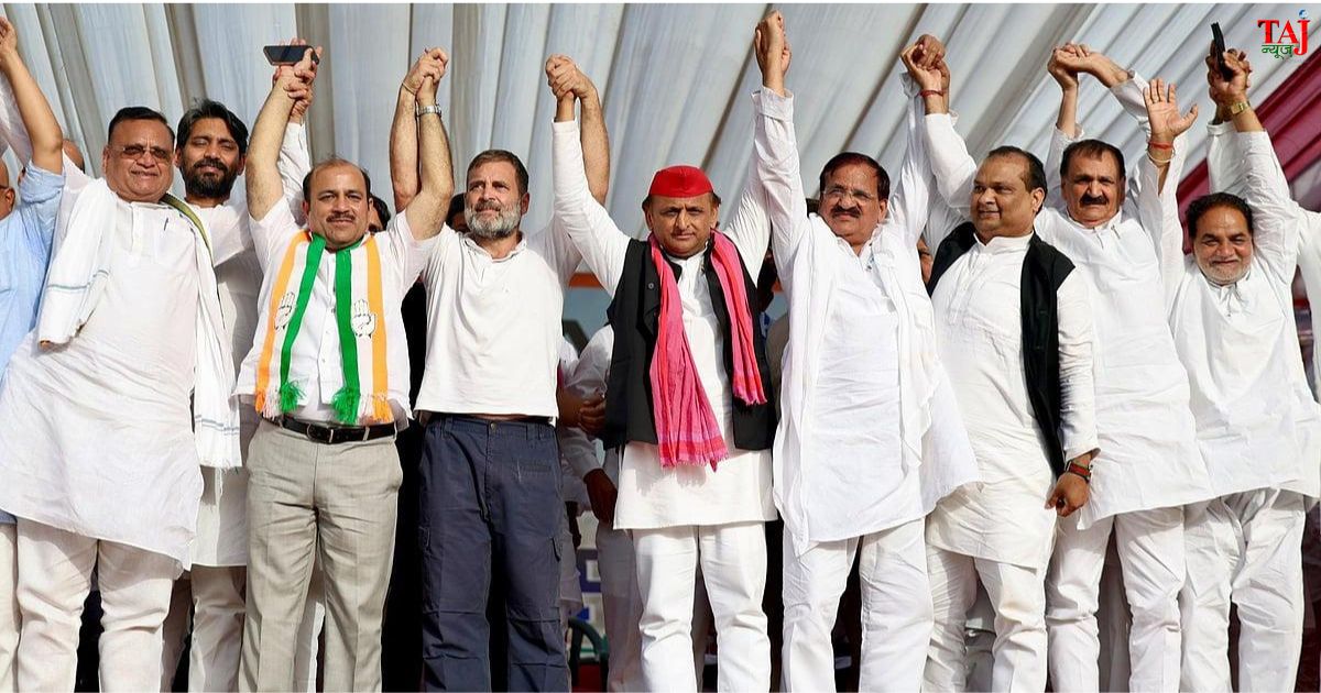 उत्तर प्रदेश विधानसभा चुनाव 2027 को लेकर समाजवादी पार्टी प्रमुख अखिलेश यादव और कांग्रेस नेतृत्व के बीच सीट शेयरिंग वार्ता का दृश्य।