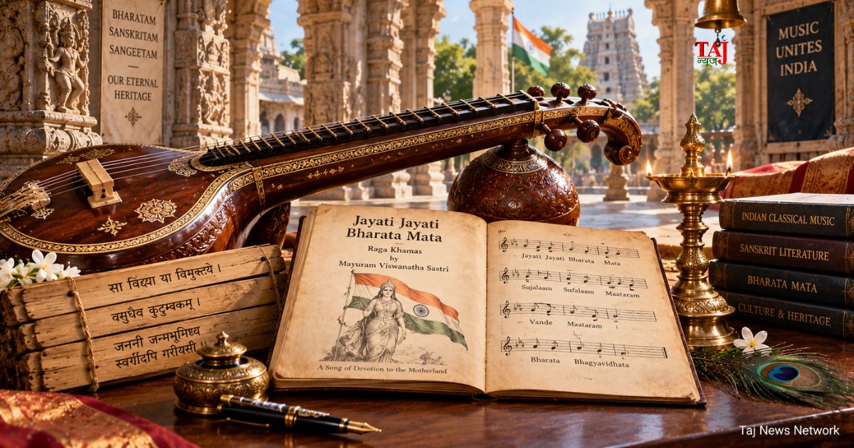 Brij Khandelwal cultural article on Mayuram Viswanatha Sastri Sanskrit composition Jayati Jayati Bharata Mata and national anthem history 2026