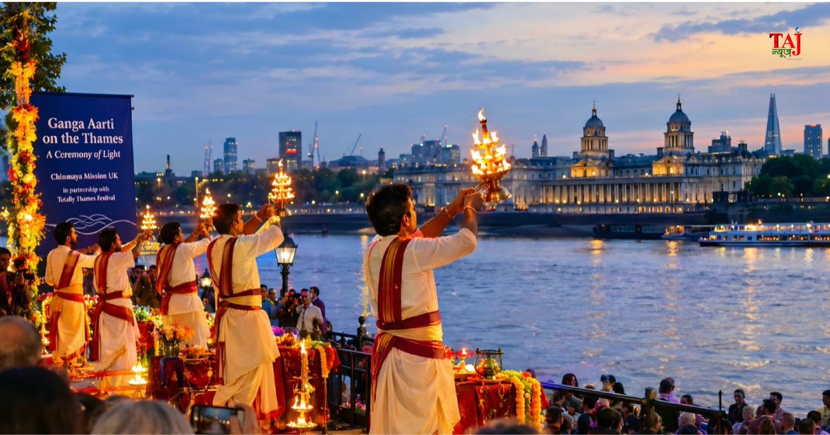First historic Ganga Aarti on River Thames at Greenwich London Old Royal Naval College Totally Thames Festival 2026 by Brij Khandelwal