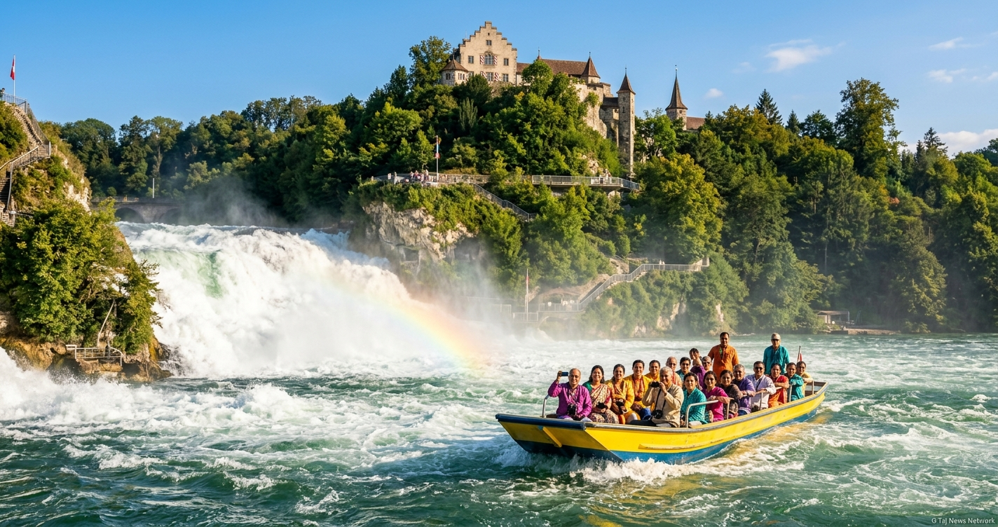 Rhine Falls Switzerland boat tour stairs adventure travelogue by Brij Khandelwal exploring Schaffhausen waterfalls and Indian dining 2026